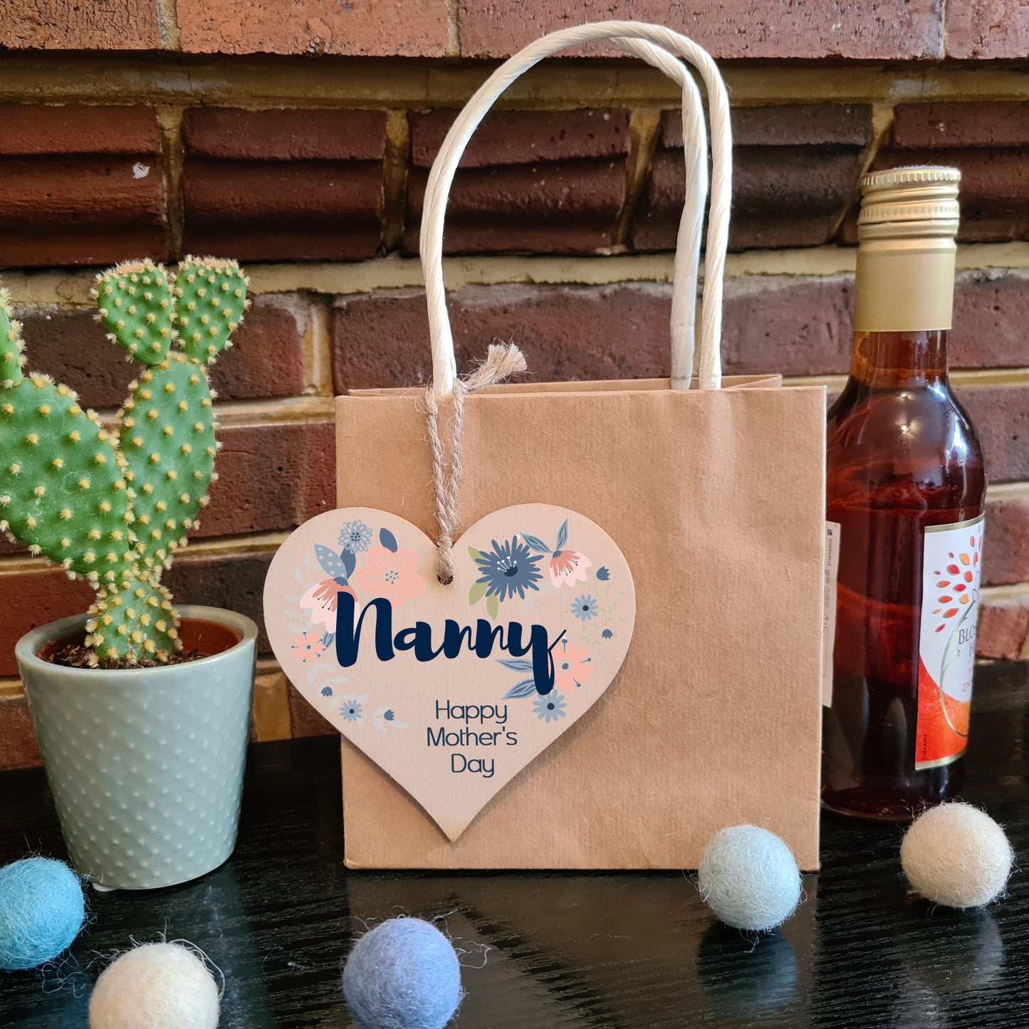 Handmade Wooden Hanging Heart Plaque Mother's Day Gift perfect for Nanny stylish floral celebration card