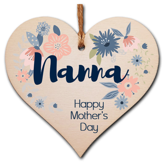 Handmade Wooden Hanging Heart Plaque Mother's Day Gift perfect for Nanna stylish floral celebration card alternative from grandchildren beautiful thoughtful keepsake