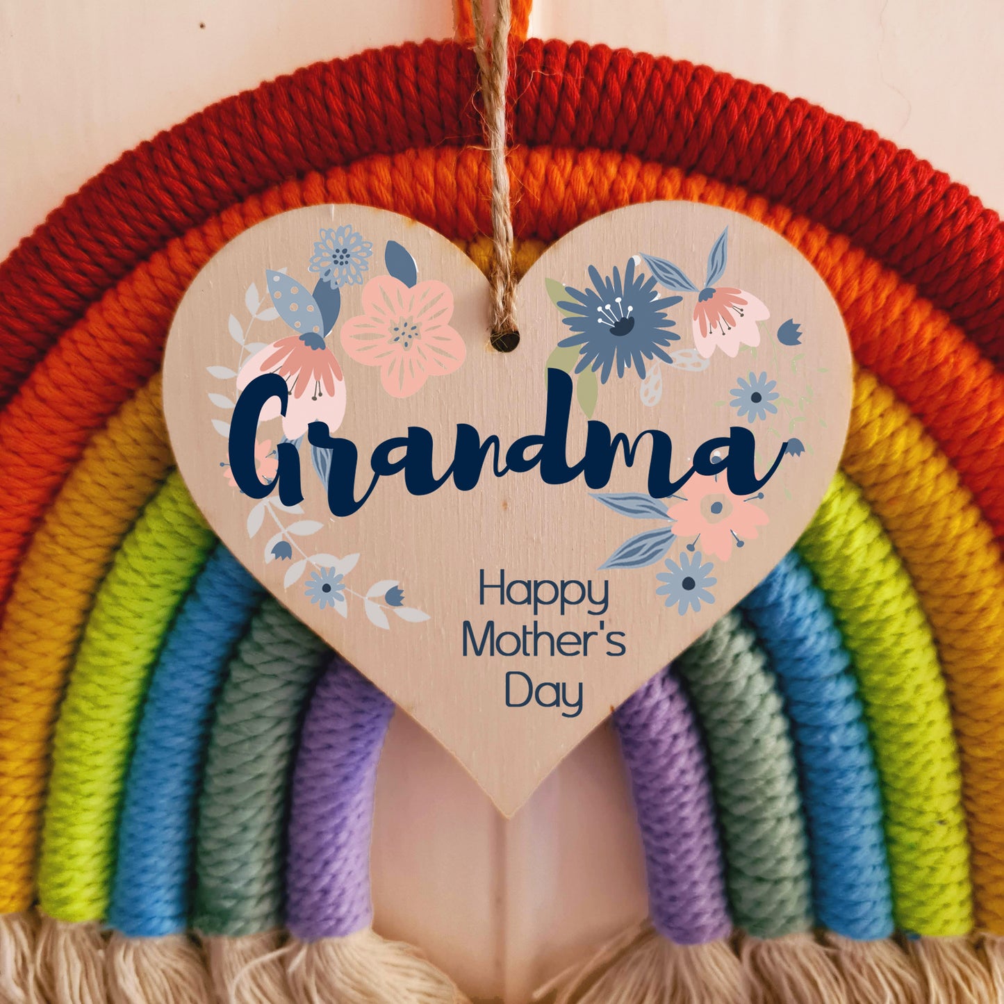 Handmade Wooden Hanging Heart Plaque Mother's Day Gift perfect for Grandma stylish floral celebration card alternative from grandchildren beautiful thoughtful keepsake