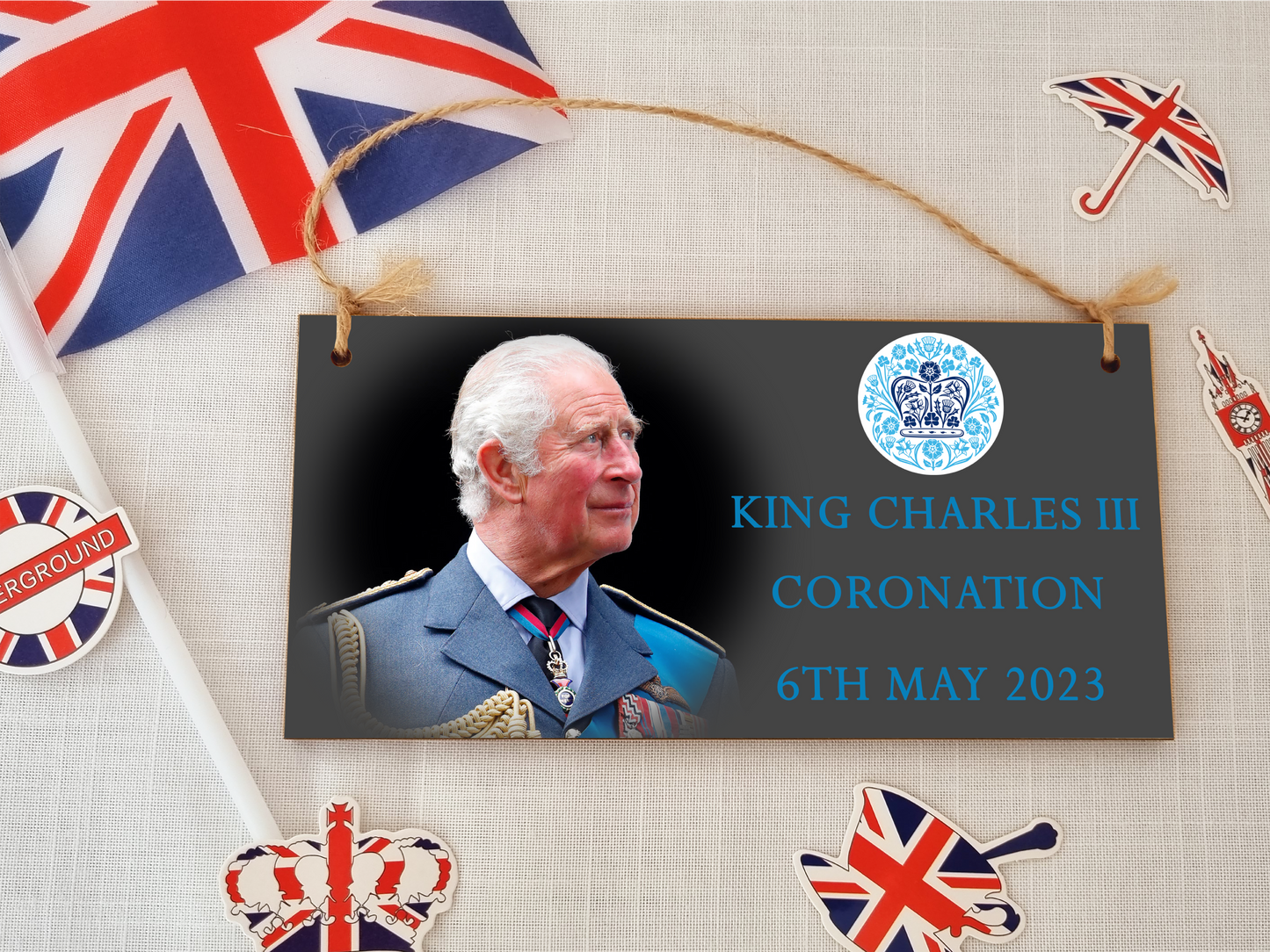 King Charles III Coronation Hanging Wooden Plaque 6th May 2023 Decorations Celebration Party Bunting Alternative Keepsake Royal Memorabilia