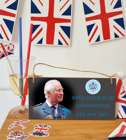 King Charles III Coronation Hanging Wooden Plaque 6th May 2023 Decorations Celebration Party Bunting Alternative Keepsake Royal Memorabilia