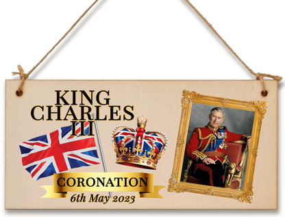 King Charles III Coronation Hanging Wooden Plaque 6th May 2023 Decorations Celebration Party Bunting Alternative Keepsake Royal Memorabilia