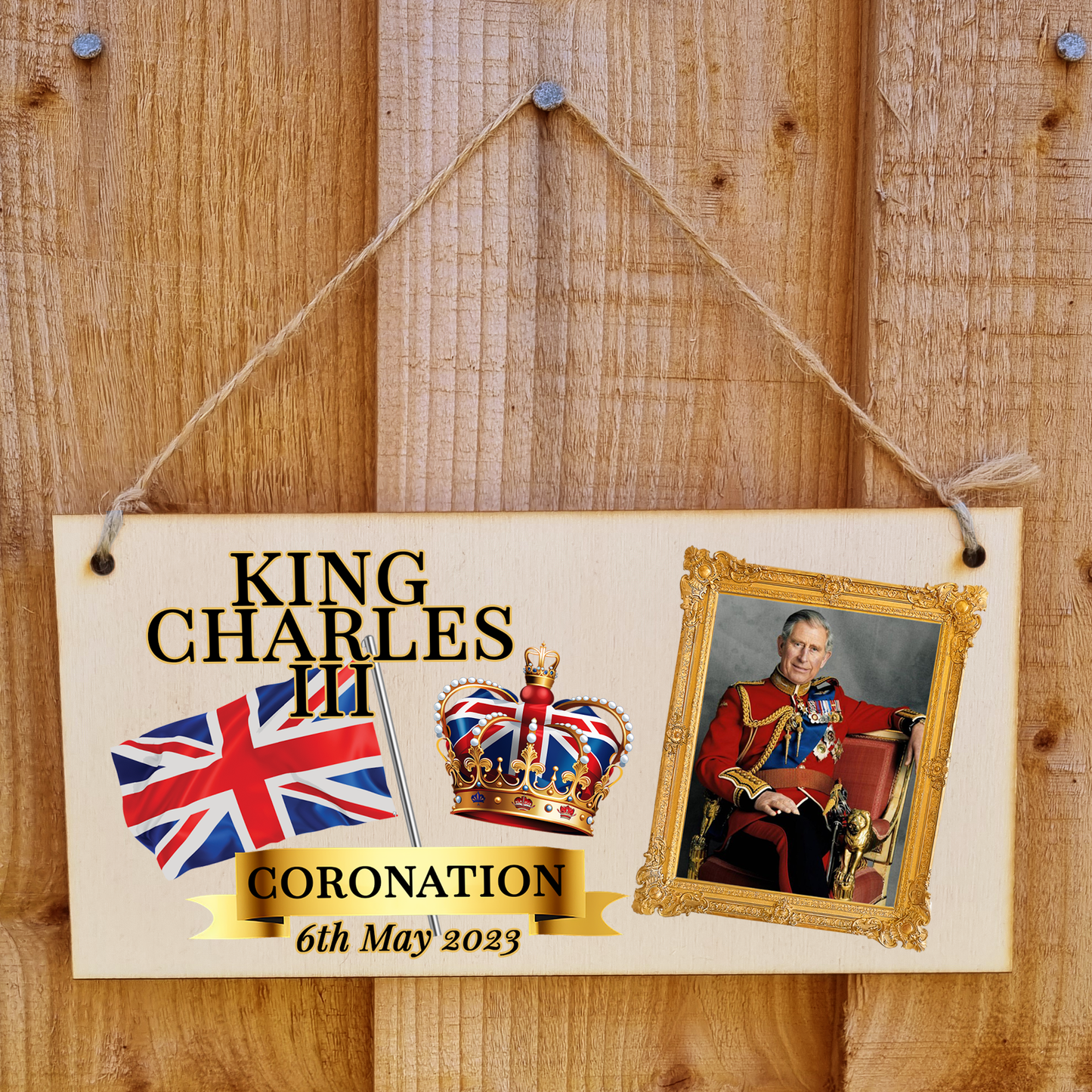 King Charles III Coronation Hanging Wooden Plaque 6th May 2023 Decorations Celebration Party Bunting Alternative Keepsake Royal Memorabilia