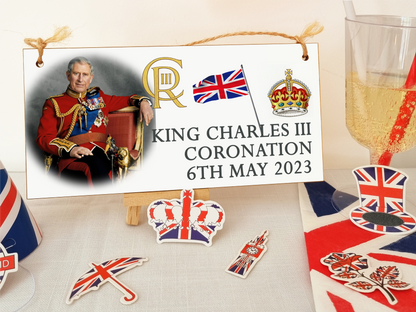 King Charles III Coronation Hanging Wooden Plaque 6th May 2023 Decorations Celebration Party Bunting Alternative Keepsake Royal Memorabilia
