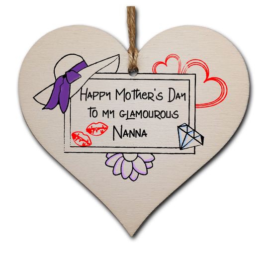 Handmade Wooden Hanging Heart Plaque Mother's Day Gift perfect for glamourous stylish Nannas special keepsake card alternative from grandchildren wall hanger for special grandparent
