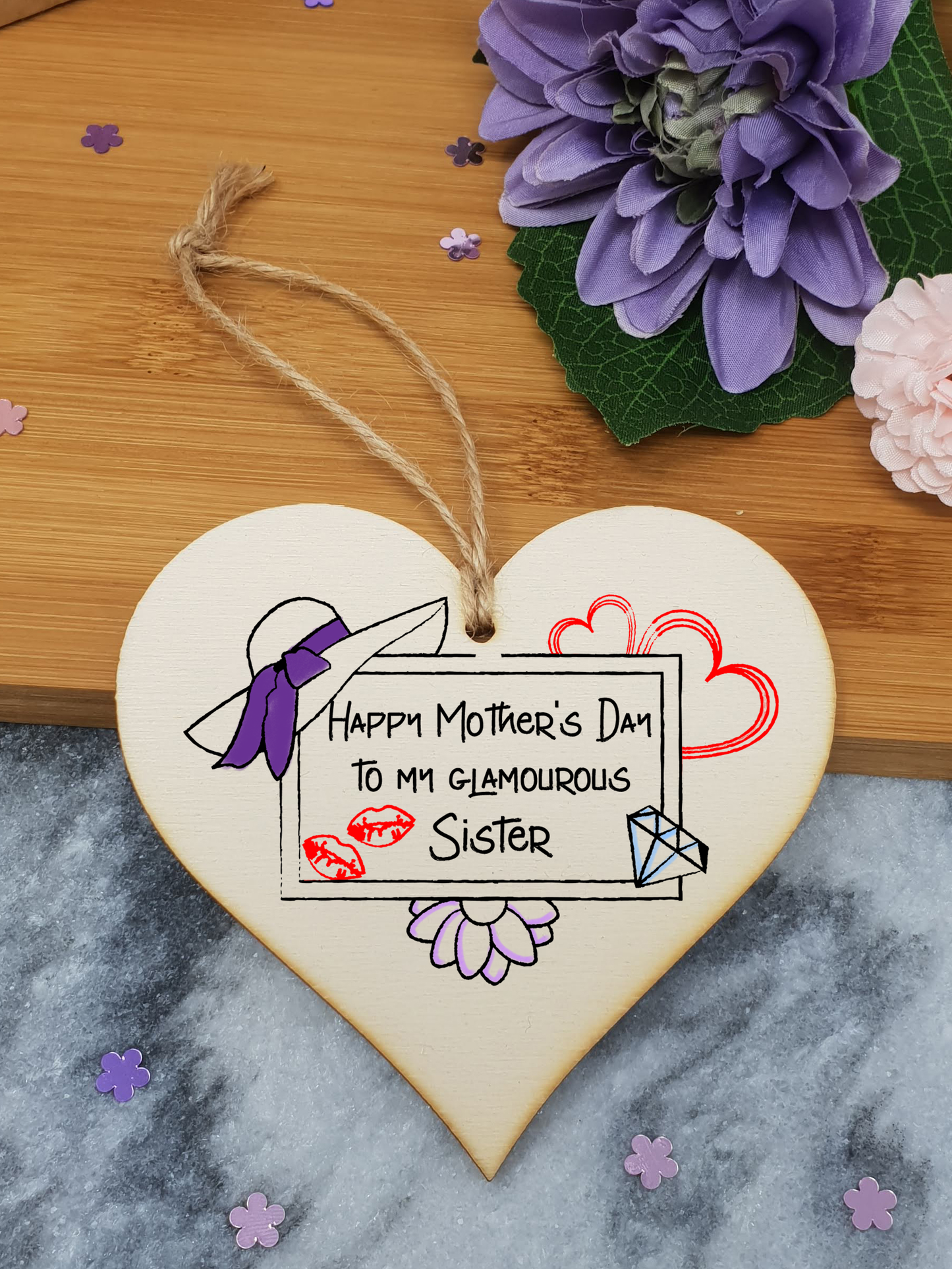 Handmade Wooden Hanging Heart Plaque Mother's Day Gift perfect for glamourous stylish Sisters special keepsake card alternative wall hanger for special sister