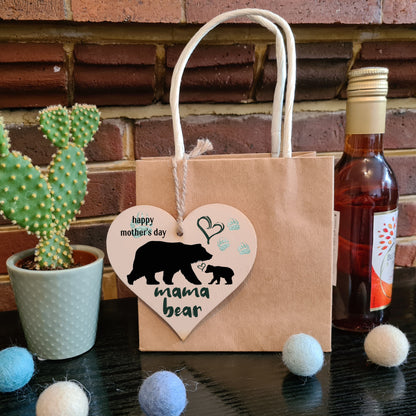 Handmade Wooden Hanging Heart Plaque Mother's Day Gift perfect for mama bears from their little bears fun keepsake cute fun mum and cubs paw prints card alternative from children