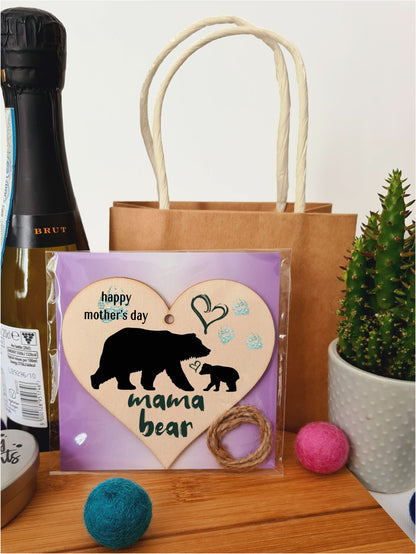 Handmade Wooden Hanging Heart Plaque Mother's Day Gift perfect for mama bears from their little bears fun keepsake cute fun mum and cubs paw prints card alternative from children