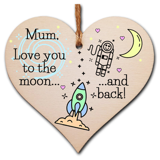 Handmade Wooden Hanging Heart Plaque Mother's Day Gift for Mum loving thoughtful special keepsake cute cartoon space card alternative from children