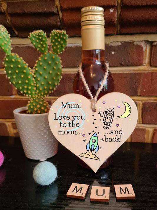 Handmade Wooden Hanging Heart Plaque Mother's Day Gift for Mum loving thoughtful special keepsake cute cartoon space card alternative from children