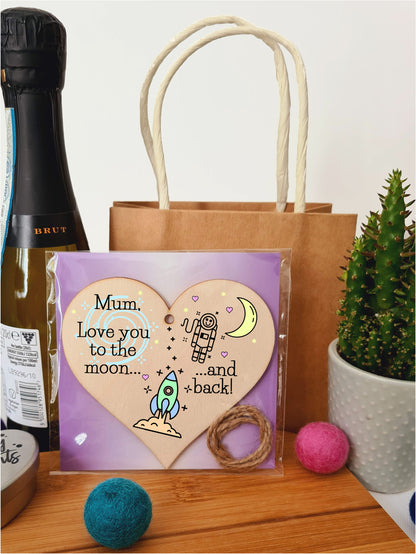 Handmade Wooden Hanging Heart Plaque Mother's Day Gift for Mum loving thoughtful special keepsake cute cartoon space card alternative from children