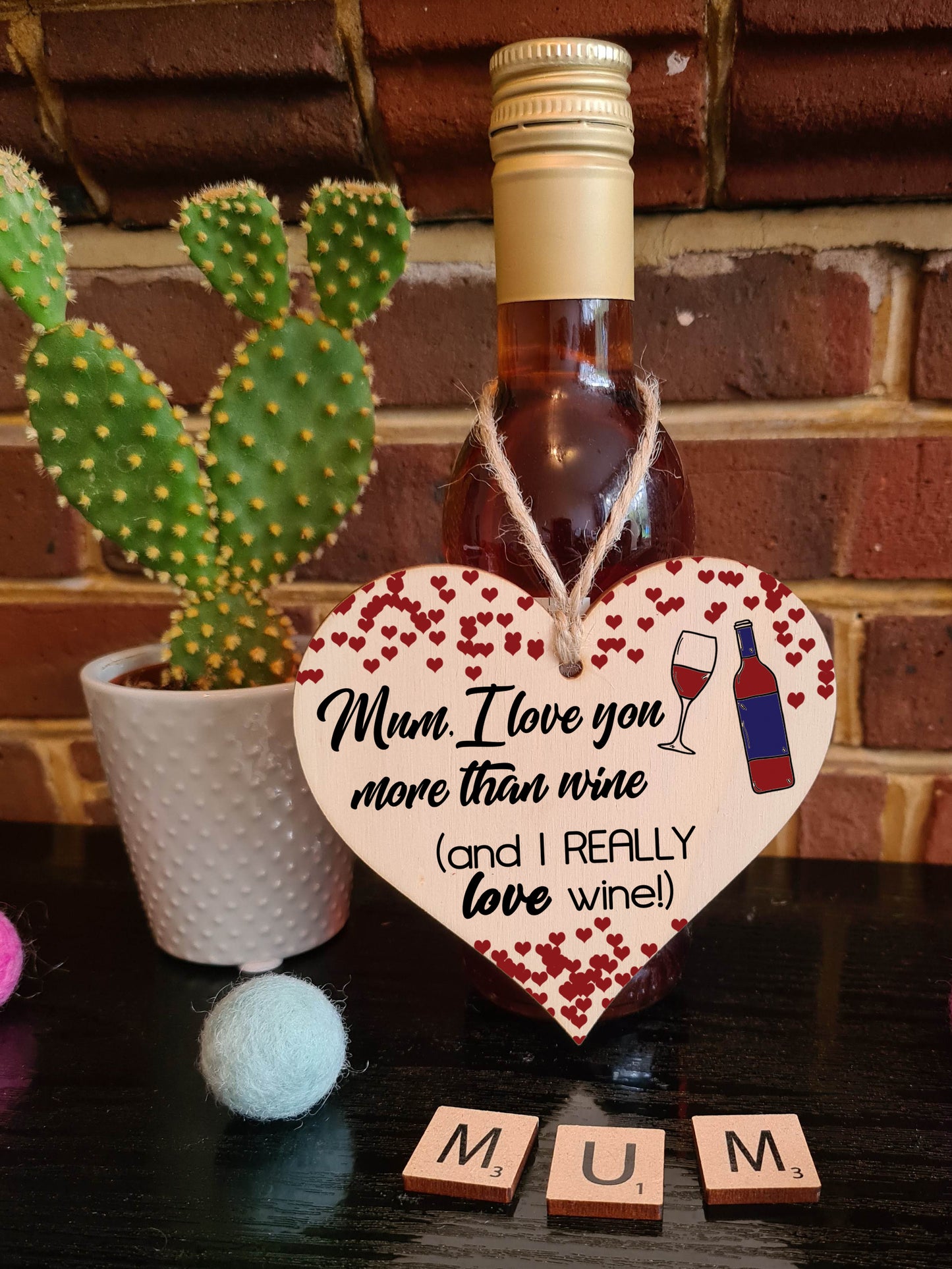 Handmade Wooden Hanging Heart Plaque Mother's Day Gift Mum I love you more than Wine Really love Wine novelty alcohol boozy funny keepsake wall hanger card alternative