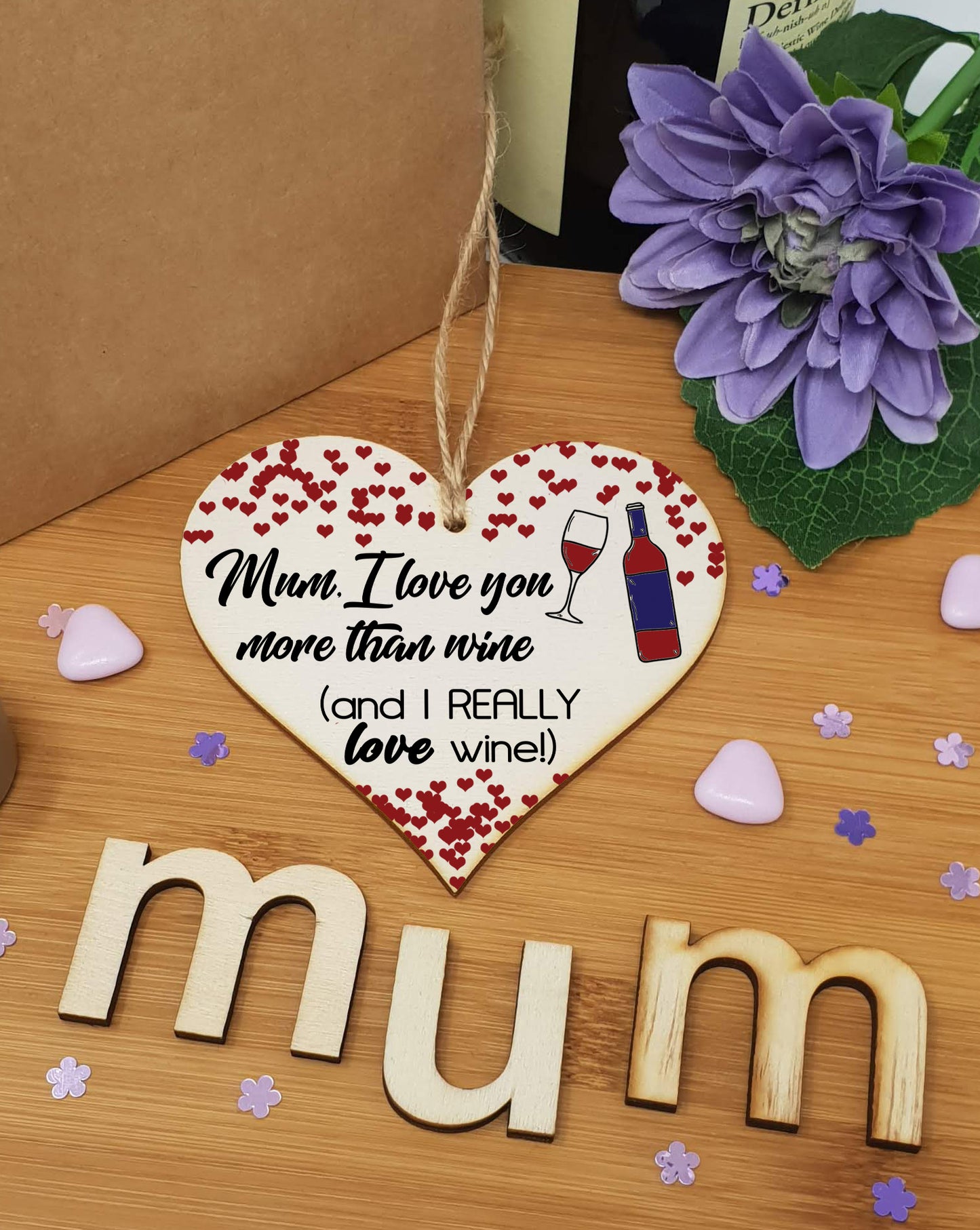 Handmade Wooden Hanging Heart Plaque Mother's Day Gift Mum I love you more than Wine Really love Wine novelty alcohol boozy funny keepsake wall hanger card alternative