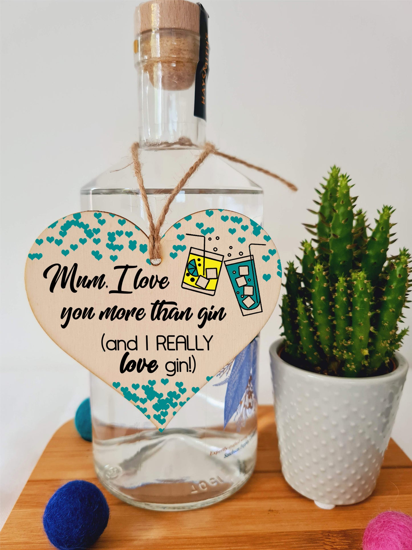 Handmade Wooden Hanging Heart Plaque Mother's Day Gift Mum I love you more than Gin Really love Gin novelty alcohol boozy funny keepsake wall hanger card alternative