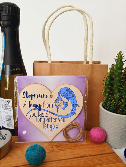 Handmade Wooden Hanging Heart Plaque Mother's Day Gift perfect for Stepmum loving thoughtful special keepsake A hug from you lasts long after you let go card alternative from stepkids wall hanger
