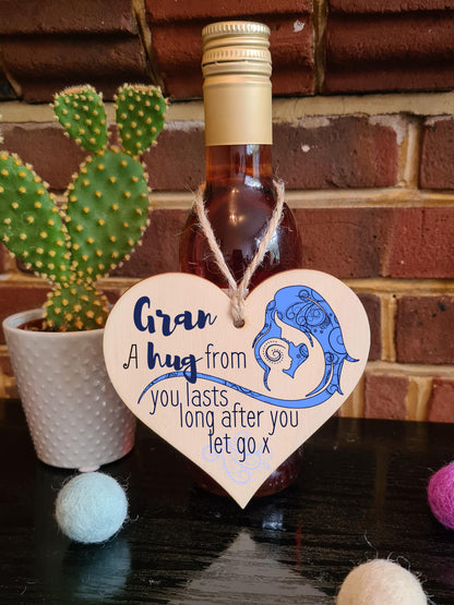 Handmade Wooden Hanging Heart Plaque Mother's Day Gift perfect for Gran loving thoughtful special keepsake A hug from you lasts long after you let go card alternative from grandchildren wall hanger