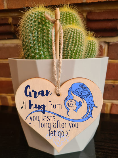 Handmade Wooden Hanging Heart Plaque Mother's Day Gift perfect for Gran loving thoughtful special keepsake A hug from you lasts long after you let go card alternative from grandchildren wall hanger