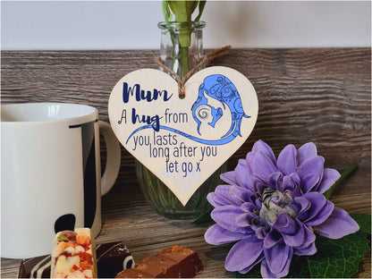 Handmade Wooden Hanging Heart Plaque Mother's Day Gift perfect for Mum loving thoughtful special keepsake A hug from you lasts long after you let go card alternative from kids wall hanger