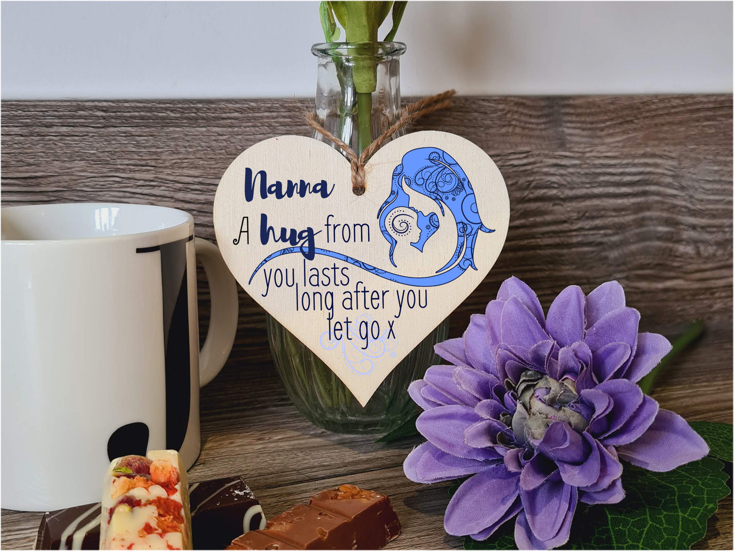 Handmade Wooden Hanging Heart Plaque Mother's Day Gift perfect for Nanna loving thoughtful special keepsake A hug from you lasts long after you let go card alternative from grandchildren wall hanger