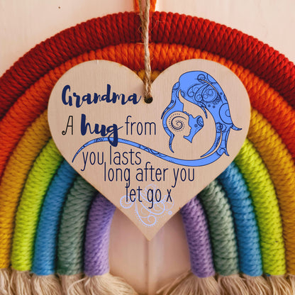 Handmade Wooden Hanging Heart Plaque Mother's Day Gift perfect for Grandma loving thoughtful special keepsake A hug from you lasts long after you let go card alternative from grandchildren wall hanger