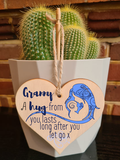 Handmade Wooden Hanging Heart Plaque Mother's Day Gift perfect for Granny loving thoughtful special keepsake A hug from you lasts long after you let go card alternative from grandchildren wall hanger