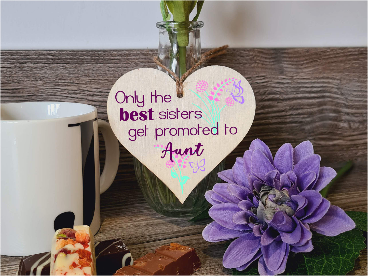 Handmade Wooden Hanging Heart Plaque Mother's Day Gift perfect for new Aunts fun special keepsake Only the best sisters get promoted from niece nephew card alternative