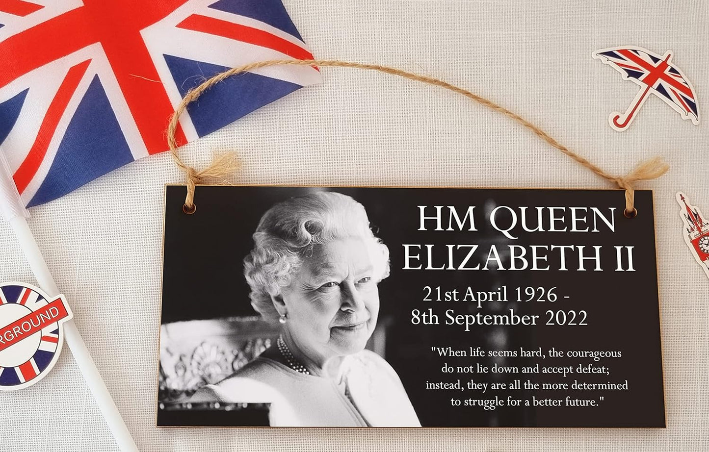 Queen Elizabeth II 1926-2022 Memorial Keepsake in Remembrance Her Majesty RIP Life Hard Quote Hanging Wooden Decoration