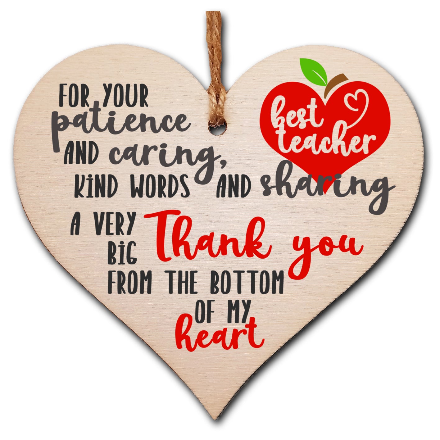 Patience Caring Kind Words Sharing Thank You Hanging Heart Wooden End of Term Gift Card Alternative Teacher