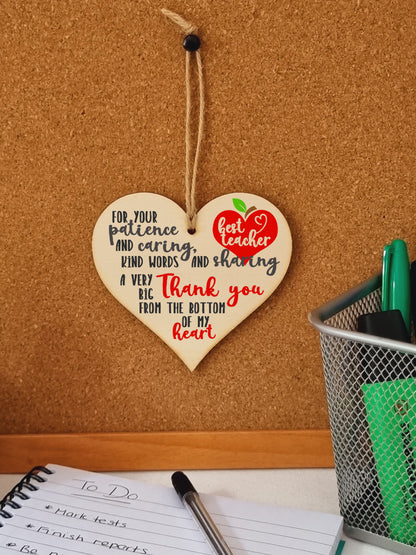 Patience Caring Kind Words Sharing Thank You Hanging Heart Wooden End of Term Gift Card Alternative Teacher