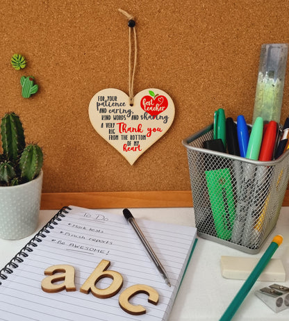 Patience Caring Kind Words Sharing Thank You Hanging Heart Wooden End of Term Gift Card Alternative Teacher