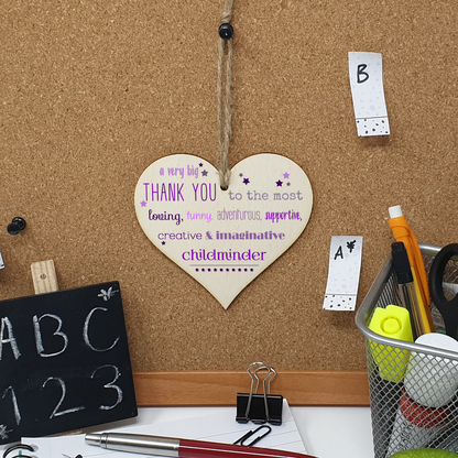 Handmade Wooden Hanging Heart Plaque Gift Very Big Thank You Childminder card alternative present from child funky wording