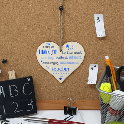 Handmade Wooden Hanging Heart Plaque Gift Very Big Thank You Teacher card alternative present from child funky wording