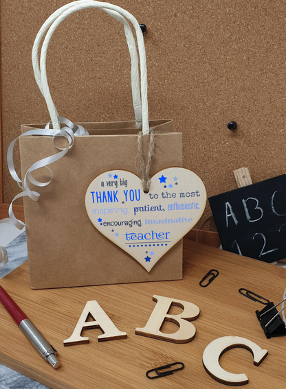 Handmade Wooden Hanging Heart Plaque Gift Very Big Thank You Teacher card alternative present from child funky wording