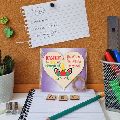 Teachers Are Magical Unicorn Thank You Hanging Heart Wooden Decoration End of Term Gift Card Alternative