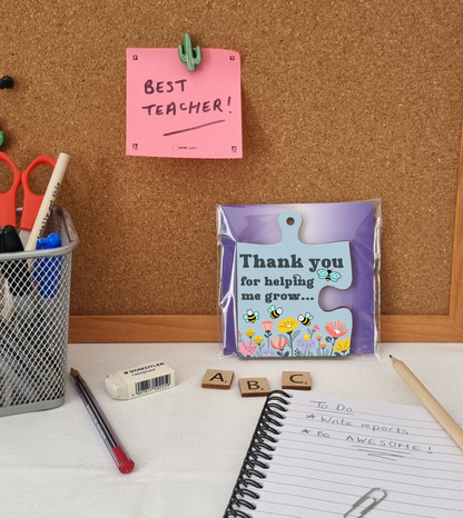 Thank You Helping Me Grow Best Teacher Jigsaw Puzzle Shaped Decorative Hanging Plaque Sign Card Alternative End of Term Gift