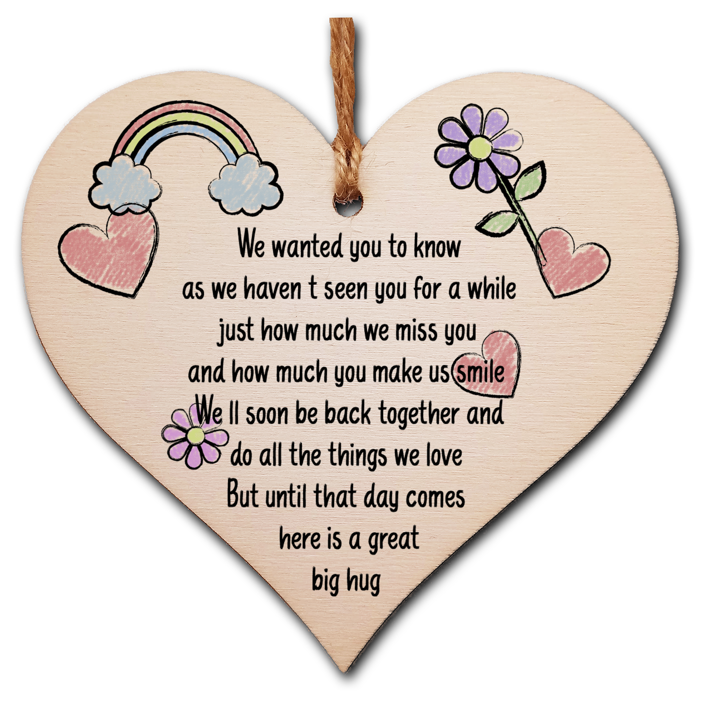The Plum Penguin Handmade Wooden Hanging Heart Plaque Gift Haven't seen you for a while here is a hug miss you long distance wall hanger cute rainbow family friends grandparents