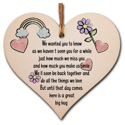 The Plum Penguin Handmade Wooden Hanging Heart Plaque Gift Haven't seen you for a while here is a hug miss you long distance wall hanger cute rainbow family friends grandparents