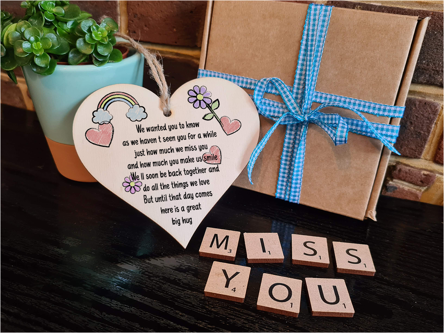 The Plum Penguin Handmade Wooden Hanging Heart Plaque Gift Haven't seen you for a while here is a hug miss you long distance wall hanger cute rainbow family friends grandparents