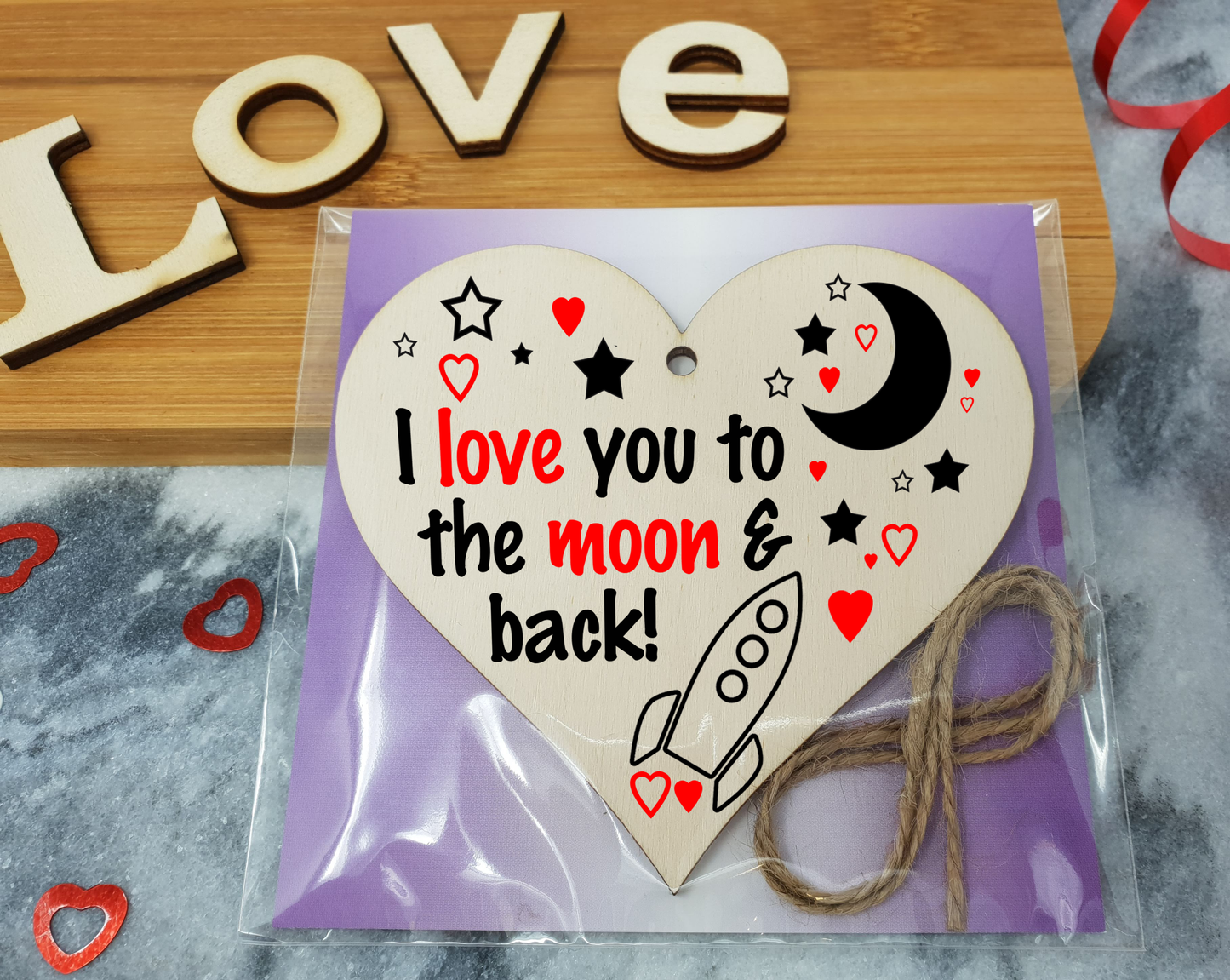 Handmade Wooden Hanging Heart Plaque Valentine's Gift Love You to the moon and back gift for someone special boyfriend girlfriend husband wife funny romantic keepsake