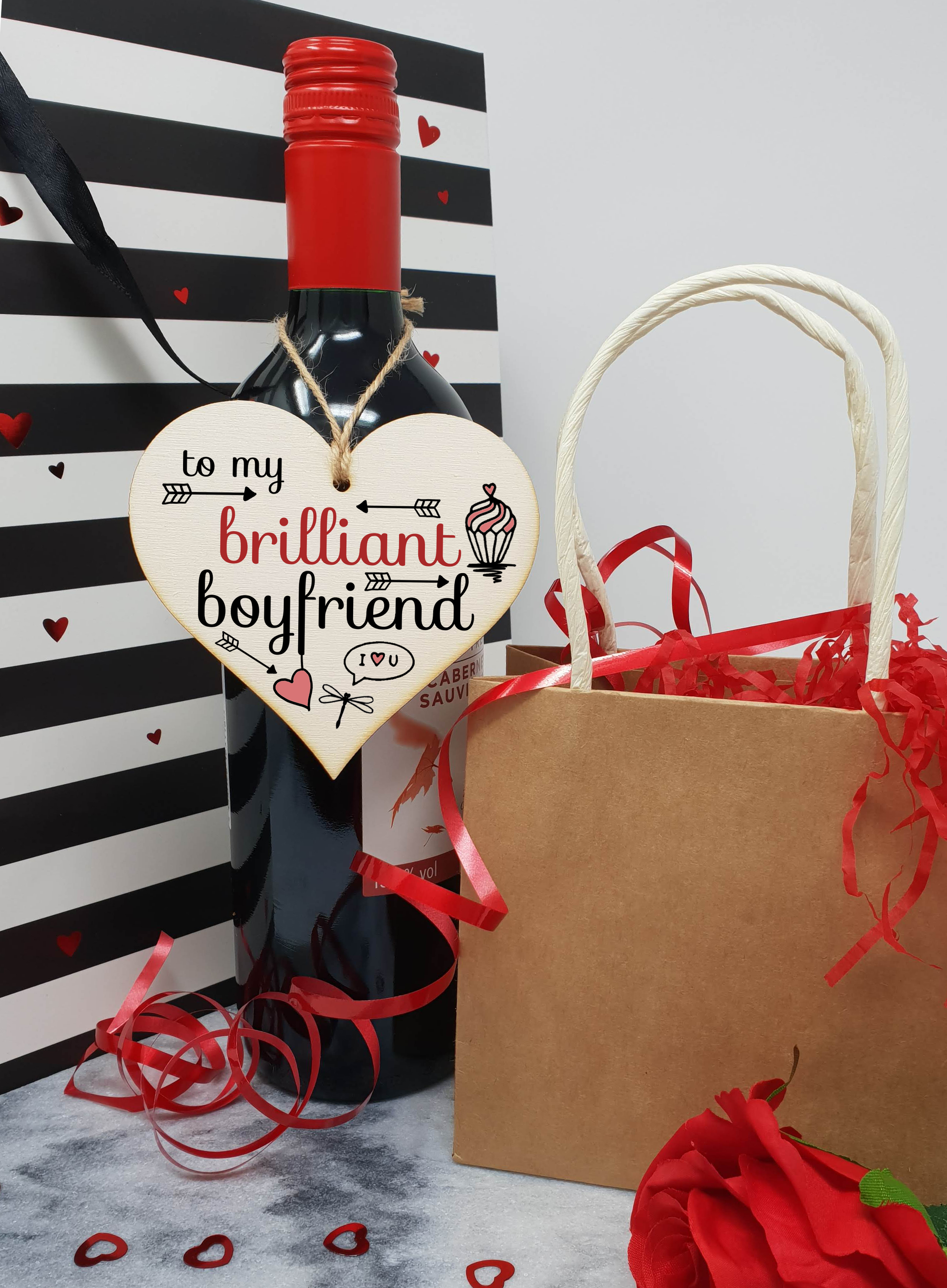 Handmade Wooden Hanging Heart Plaque Valentine's Gift to my Brilliant Boyfriend for someone special lover friend or partner romantic keepsake pretty floral decoration
