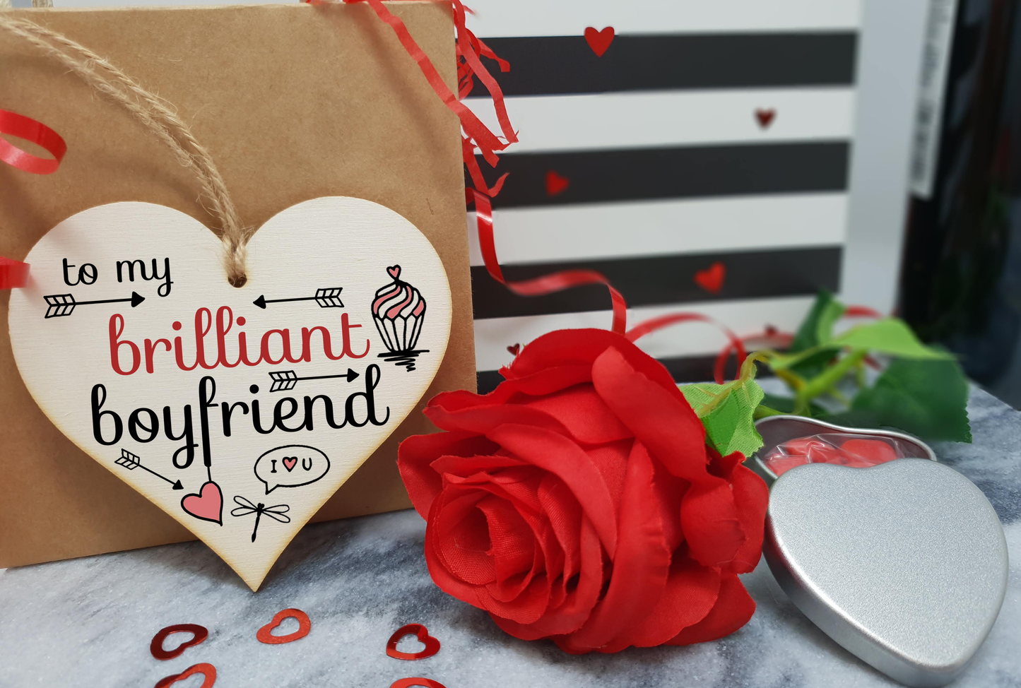 Handmade Wooden Hanging Heart Plaque Valentine's Gift to my Brilliant Boyfriend for someone special lover friend or partner romantic keepsake pretty floral decoration