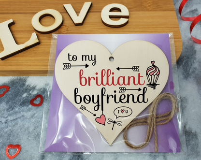 Handmade Wooden Hanging Heart Plaque Valentine's Gift to my Brilliant Boyfriend for someone special lover friend or partner romantic keepsake pretty floral decoration