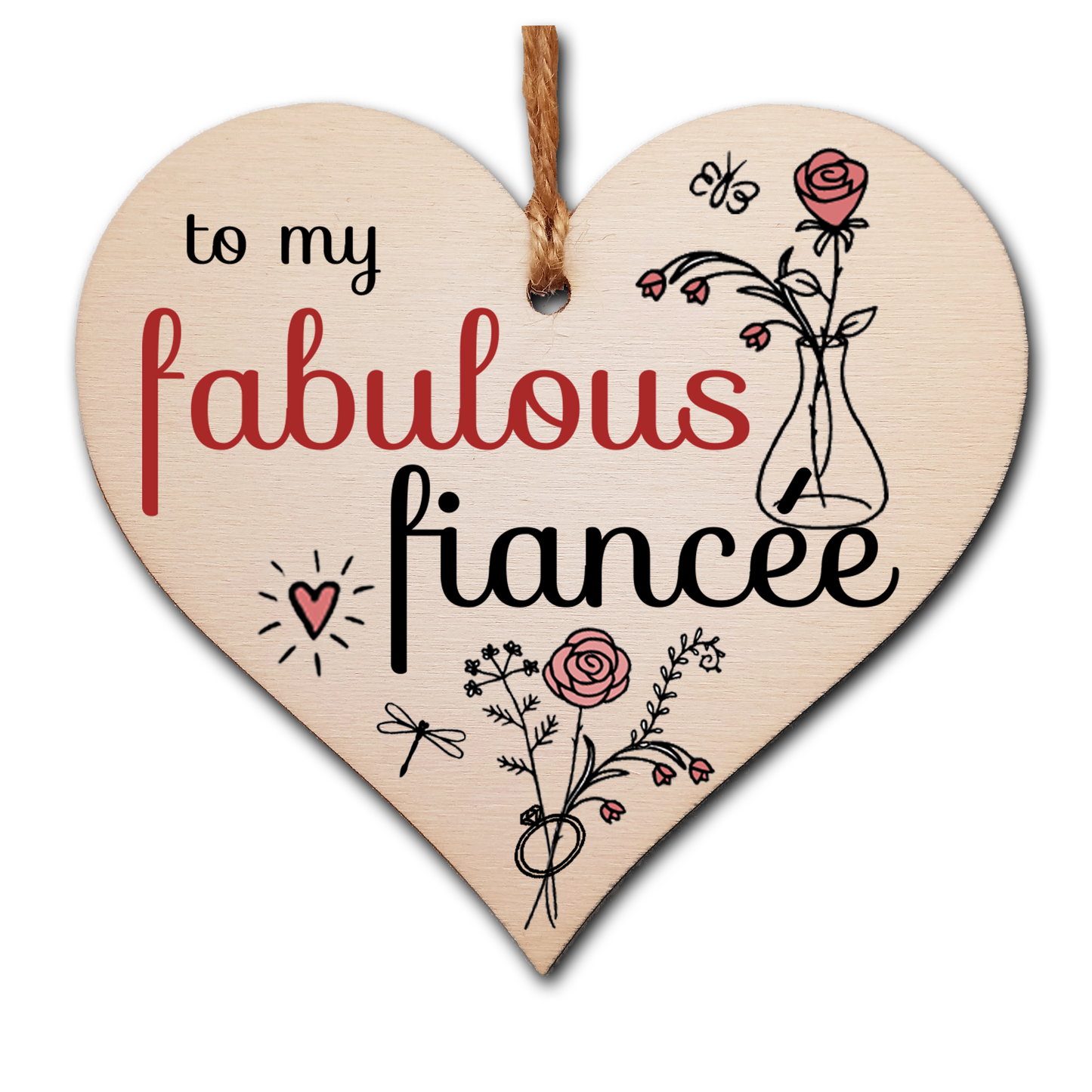 Handmade Wooden Hanging Heart Plaque Valentine's Gift to my Fabulous Fiancee for someone special future husband and wife romantic keepsake pretty floral decoration