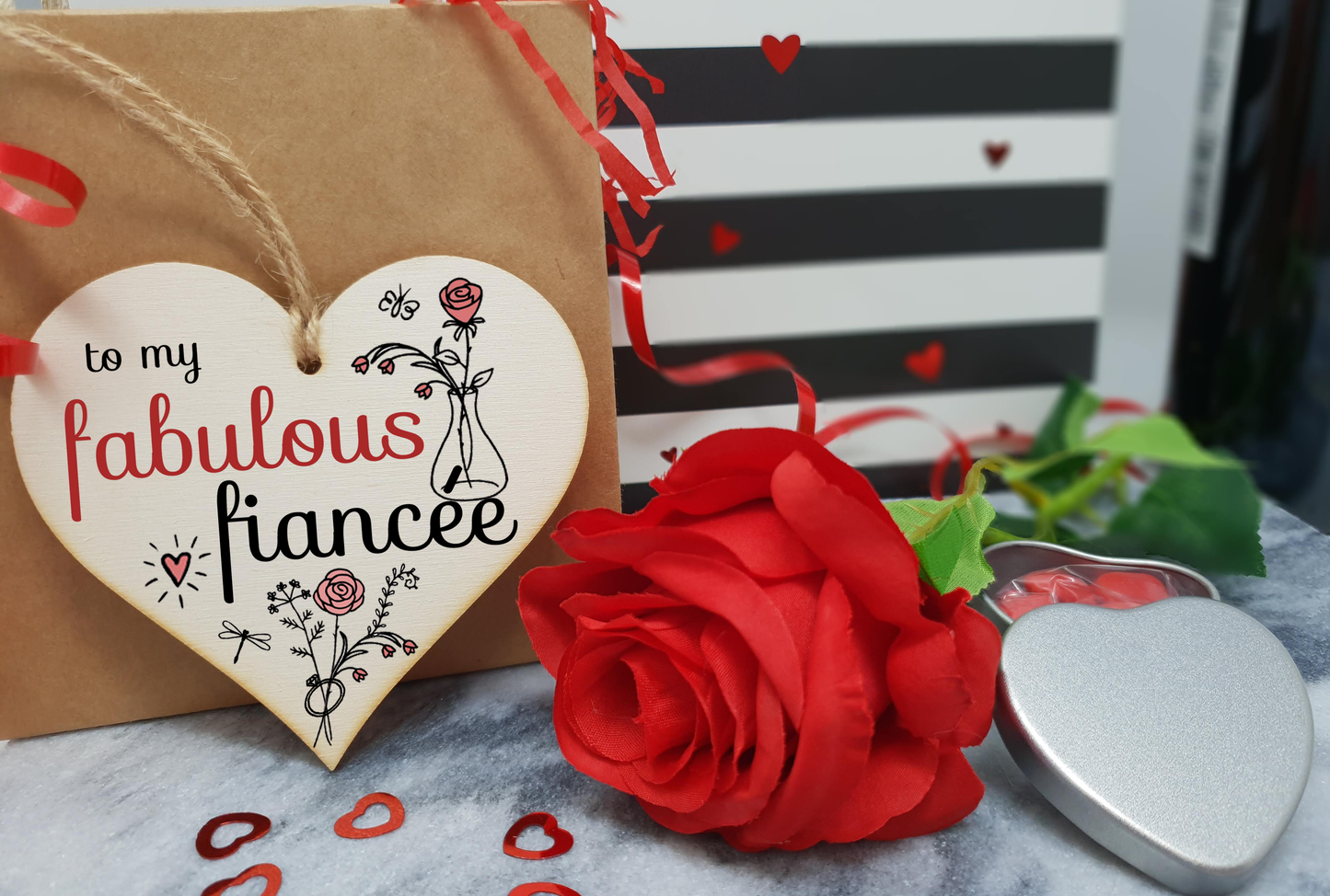Handmade Wooden Hanging Heart Plaque Valentine's Gift to my Fabulous Fiancee for someone special future husband and wife romantic keepsake pretty floral decoration
