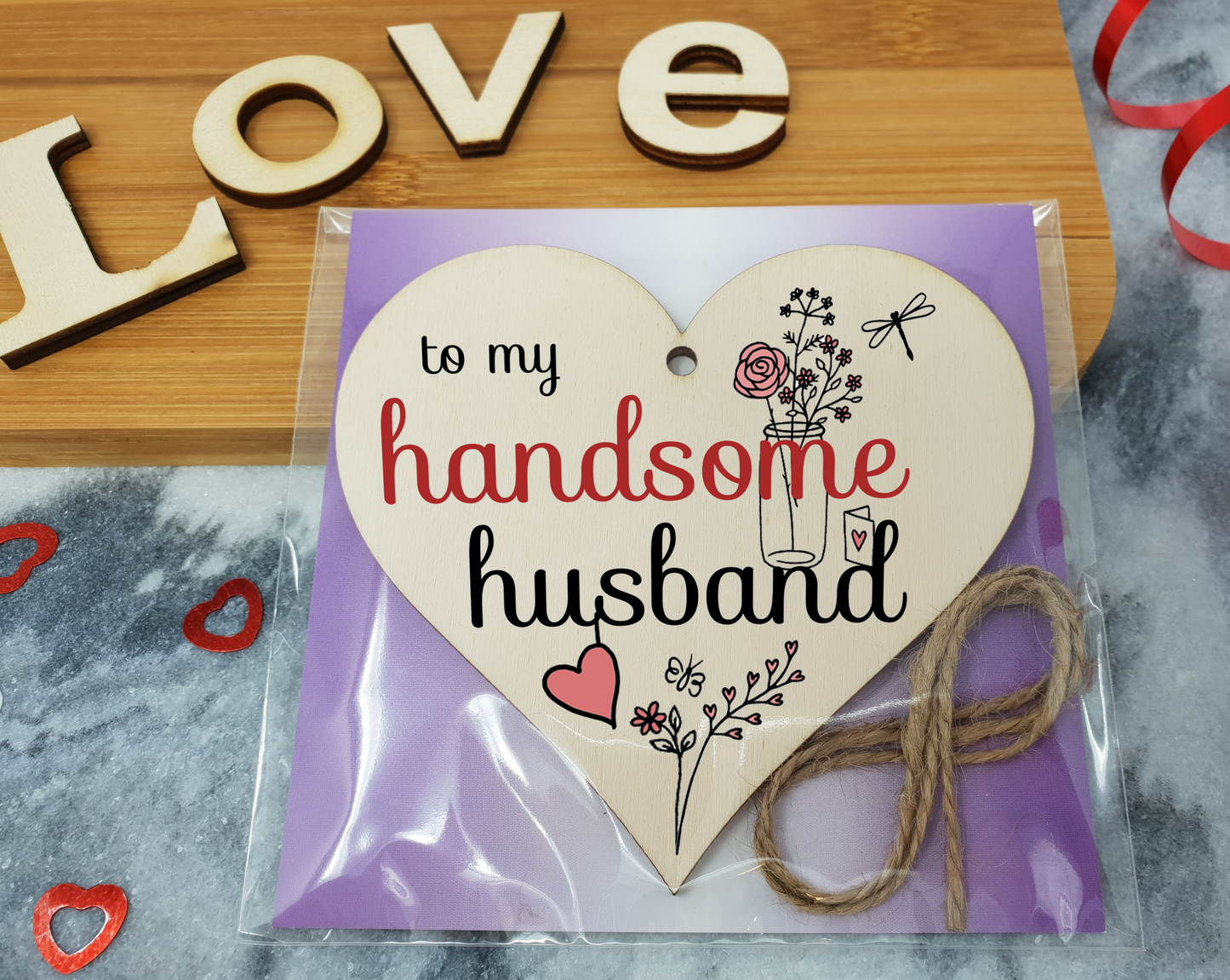 Handmade Wooden Hanging Heart Plaque Valentine's Gift to my Handsome Husband for someone special husband and wife romantic keepsake pretty floral decoration