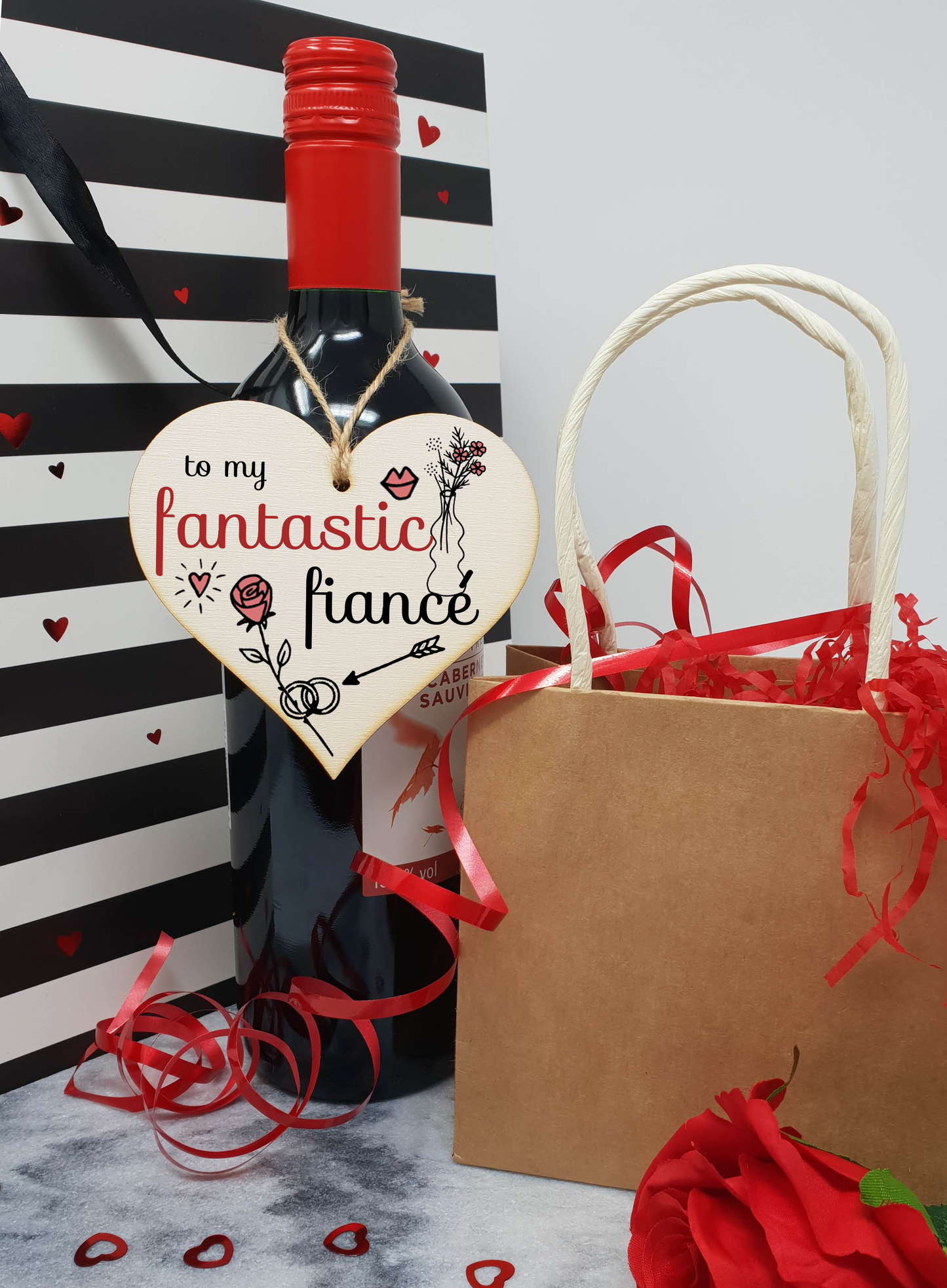 Handmade Wooden Hanging Heart Plaque Valentine's Gift to my Fantastic Fiance for someone special future husband and wife romantic keepsake pretty floral decoration