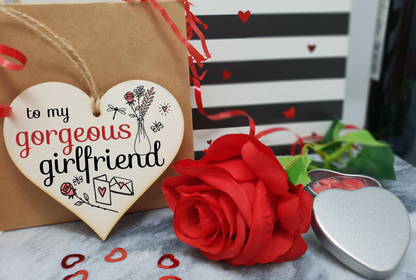 Handmade Wooden Hanging Heart Plaque Valentine's Gift to my Gorgeous Girlfriend for someone special boyfriend or partner romantic keepsake pretty floral decoration