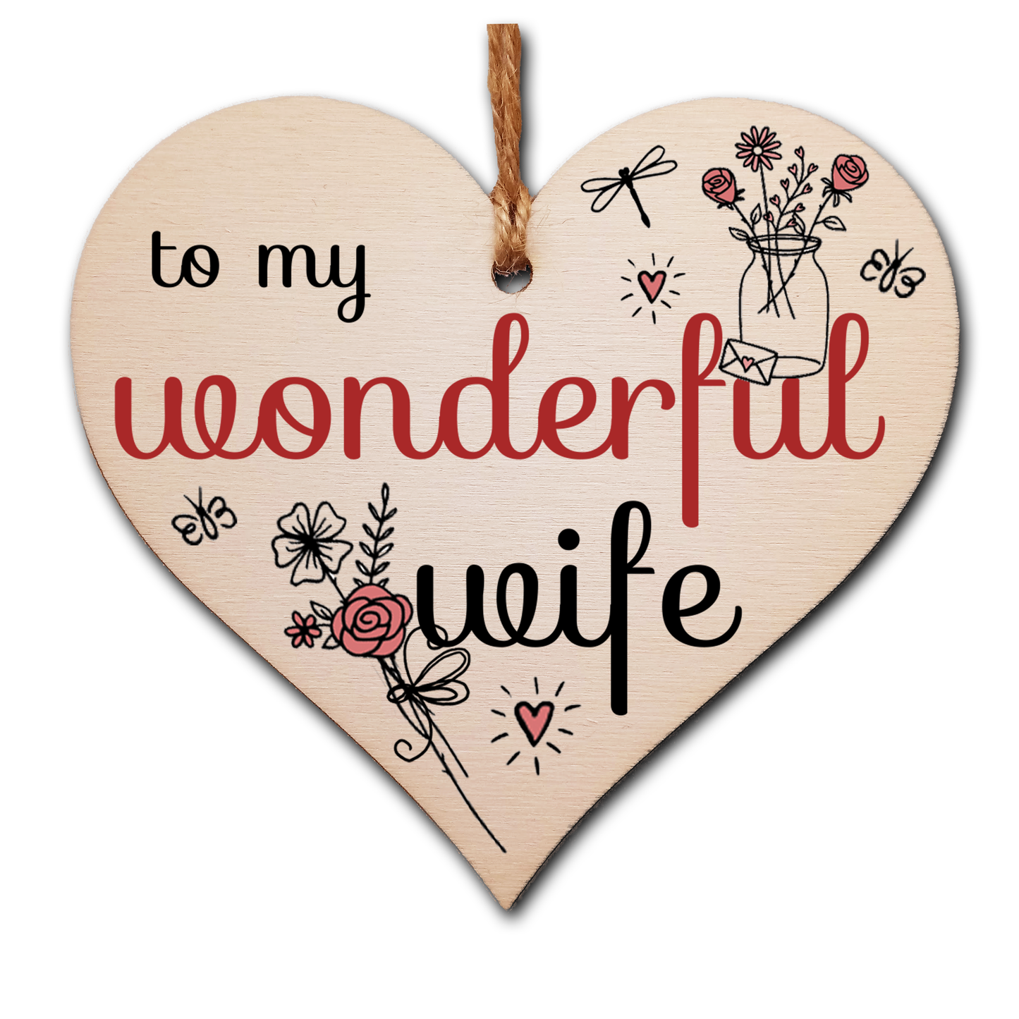 Handmade Wooden Hanging Heart Plaque Valentine's Gift to my Wonderful Wife for someone special husband and wife romantic keepsake pretty floral decoration