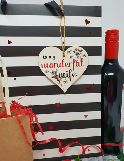 Handmade Wooden Hanging Heart Plaque Valentine's Gift to my Wonderful Wife for someone special husband and wife romantic keepsake pretty floral decoration