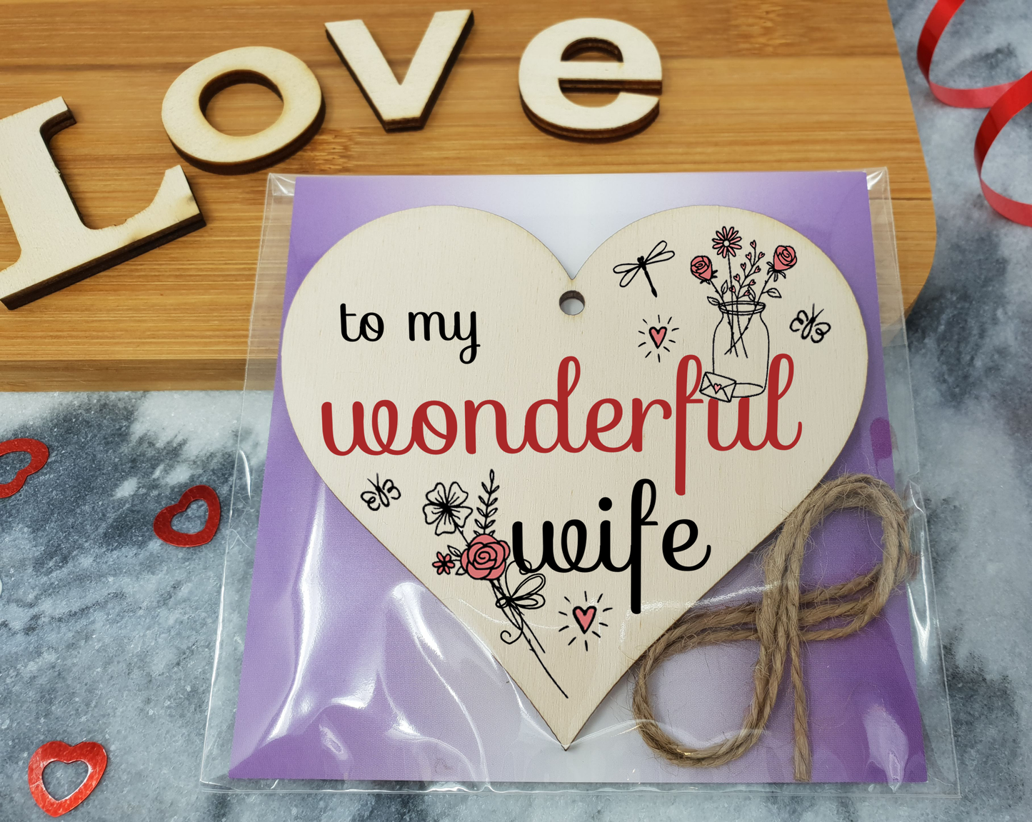 Handmade Wooden Hanging Heart Plaque Valentine's Gift to my Wonderful Wife for someone special husband and wife romantic keepsake pretty floral decoration